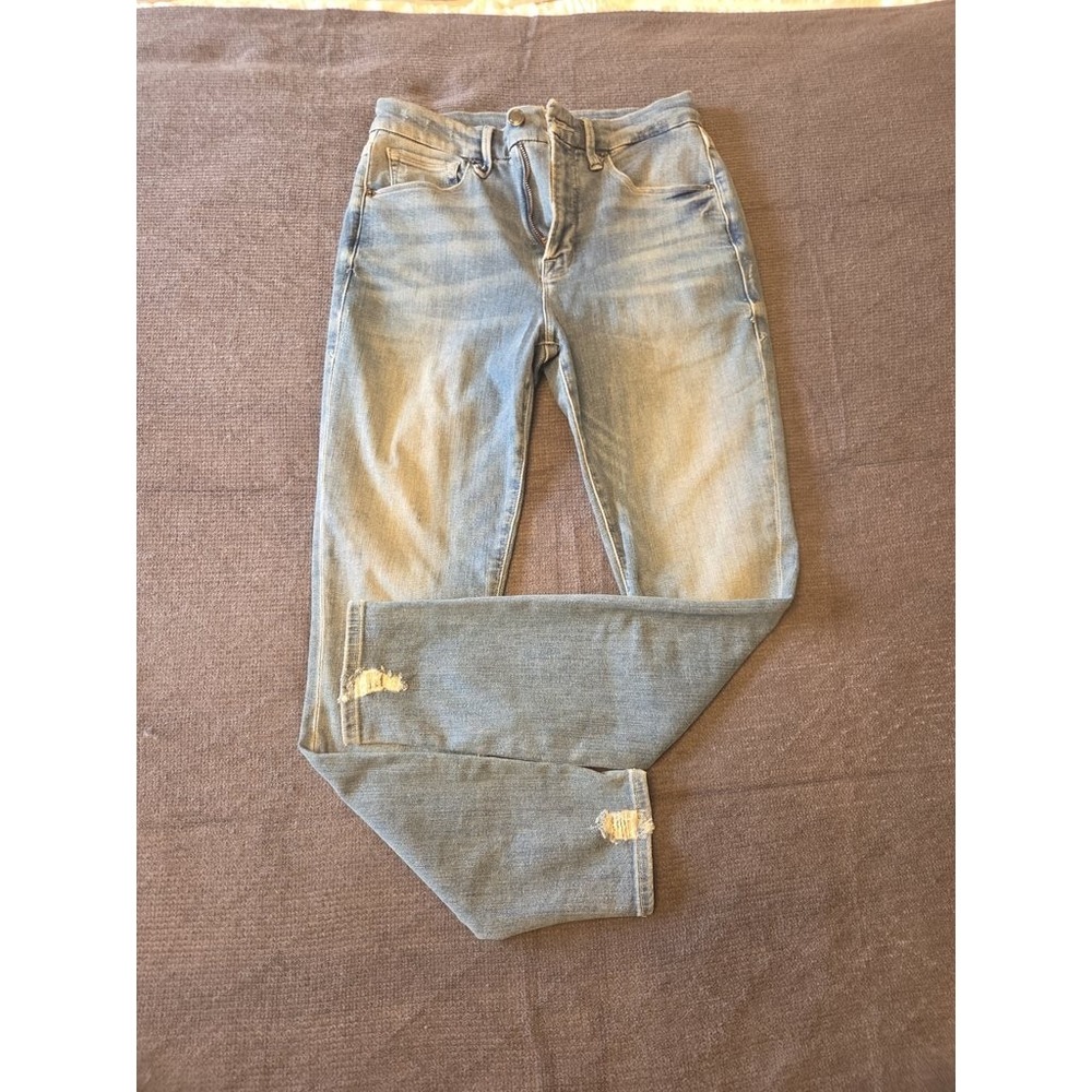 Good American Good Waist High Rise Skinny Jeans 6/28 Light Wash Distressed